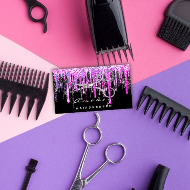 Tarjeta De Visita Peluquería profesional Tijeras Plata Rosa Caliente (Professional Hairdresser Scissors Silver Hot Pink Business Card)