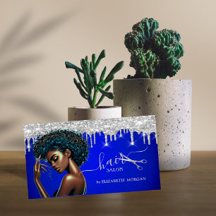 Tarjeta De Visita Peluquero afroamericano gotas de brillo de plata
