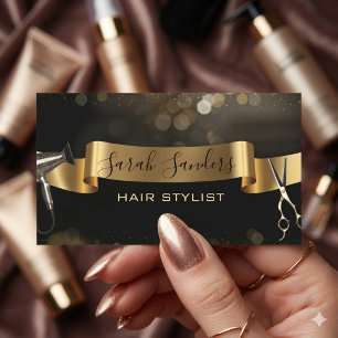 Tarjeta De Visita Peluquero de Brillo Dorado y Glamour Negro