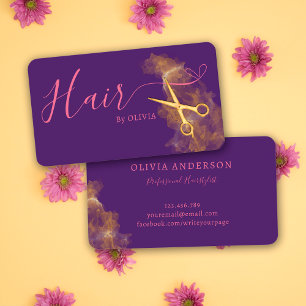 Tarjeta De Visita Peluquero Elegante Tijeras Doradas Rosa Purpura