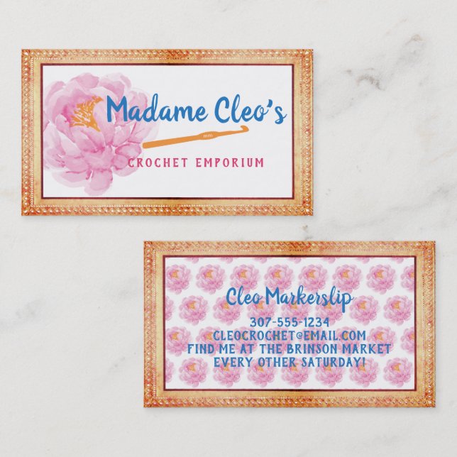 Tarjeta De Visita Peony faux lace crochet ganchos artesanías (Anverso / Reverso)
