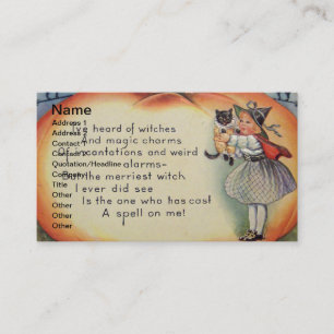 Tarjeta De Visita Pequeña Bruja y Gato (Tarjeta de Halloween Vintage