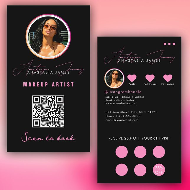 Tarjeta De Visita Pequeña Empresa Descuento Lealtad Código QR Rosa N (Small Business Discount Loyalty QR Code Black Pink Business Card)