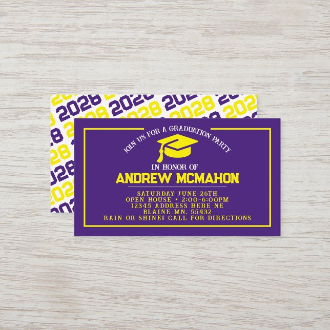 Tarjeta De Visita Pequeña graduación morada y amarilla invitan a la  (Purple, Yellow and White Mini Graduation Invites for Friends, Team Mates or as Inserts!)