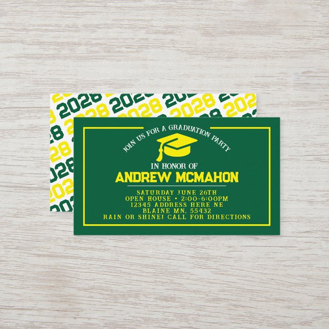 Tarjeta De Visita Pequeña graduación verde y amarilla invitan a la g (Green & Yellow Mini Graduation Invites for Friends, Team Mates or as Inserts!)