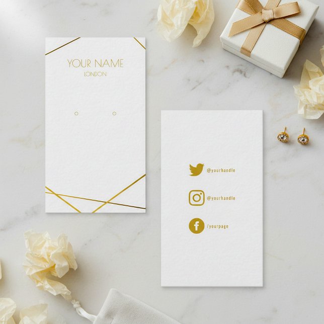 Tarjeta De Visita Pequeña pantalla simple de auriculares geométricos (Simple small gold geometric earring display business card.)