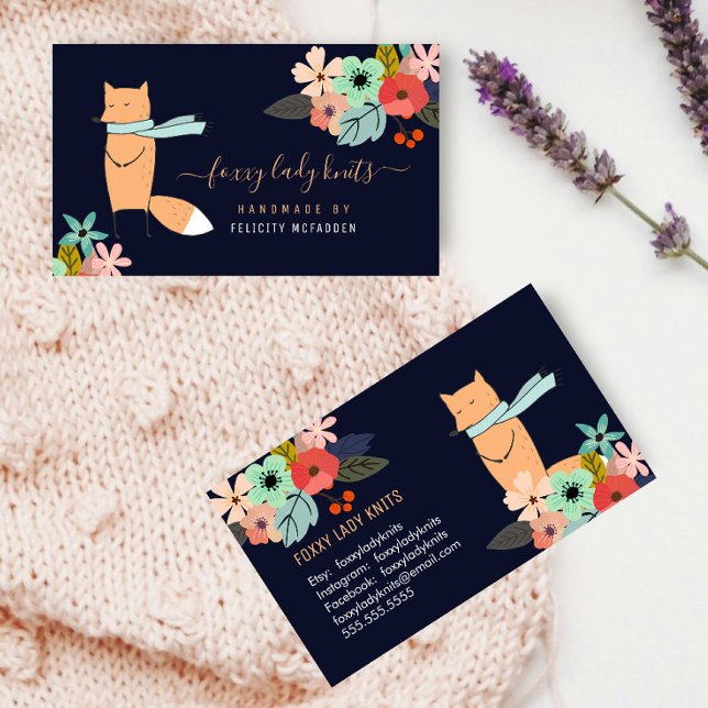 Tarjeta De Visita Pequeñas empresas de Fox y Floral (Fox and floral business card front and back view.)