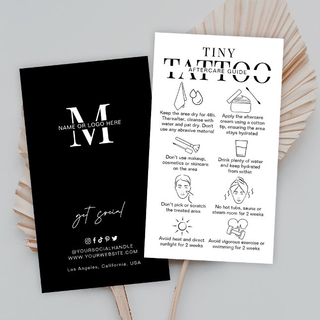 Tarjeta De Visita Pequeños tatuajes después del cuidado del cuidado  (Minimalist tiny tattoo aftercare cards with care icons and space for your business details)