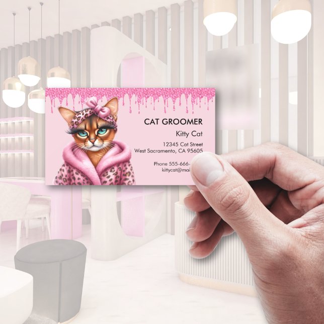 Tarjeta De Visita Perfectamente El Purpurina Rosado Del Sitio Del Ga (Lovely Cat Groomer Sitter Pink Glitter Dripping Business Card)