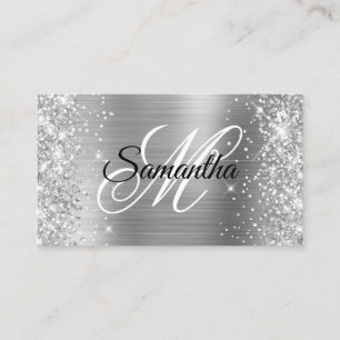 Tarjeta De Visita Perfil de monograma elegante con brillo plateado y