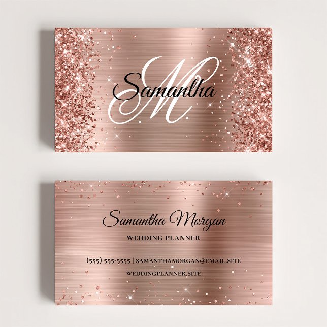 Tarjeta De Visita Perfil en línea de monograma de Relieve metalizado (Glittery Rose Gold Foil Monogram Online Profile Business Card)