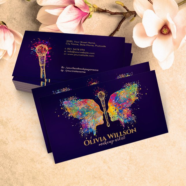 Tarjeta De Visita Perfil femenino de pincel de maquillaje de maripos (Subido por el creador)