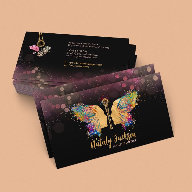 Tarjeta De Visita Perfil femenino de pincel de maquillaje de maripos (Subido por el creador)