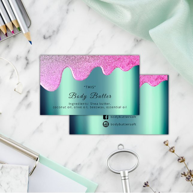 Tarjeta De Visita Perforación de manteca corporal Producto Empaqueta (Body Butter Drips Product Packaging Pink Social Business Card)