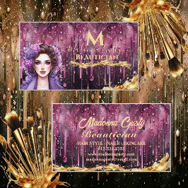 Tarjeta De Visita Perforación Magenta Oro Monograma Belleza Estilist