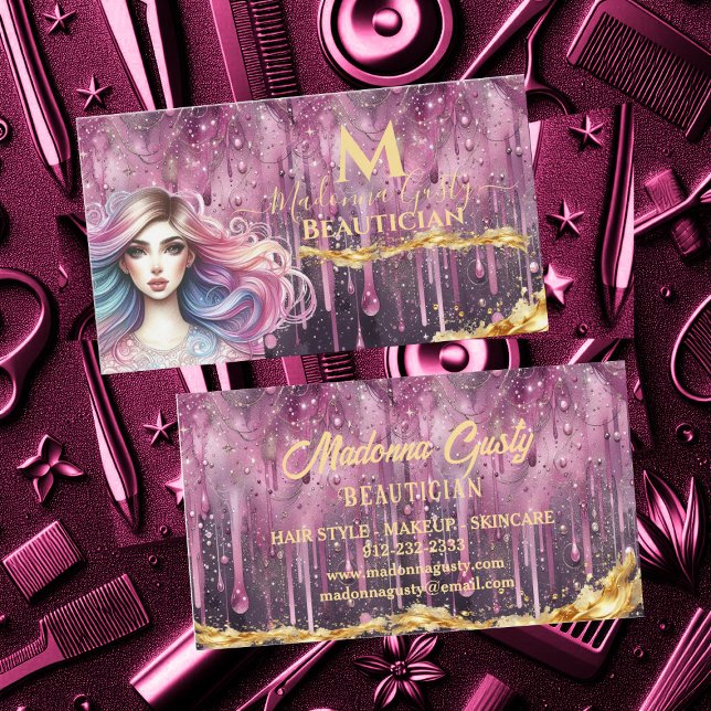 Tarjeta De Visita Perforación Pastel Magenta Monograma de Oro Belgra (Dripping Pastel Magenta Gold Monogram Beautician Business Card)