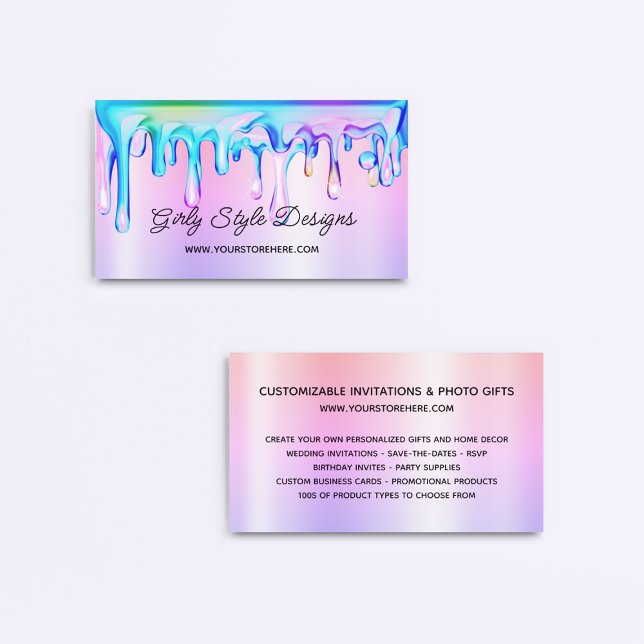 Tarjeta De Visita Perforaciones de pintura holográfica Ombre arcoiri (Holographic Paint Drips Pastel Rainbow Ombre Business Card)