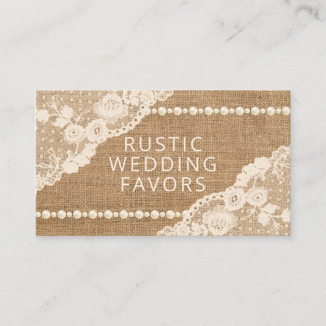 Tarjeta De Visita Perlas Rústicas Lace Burlap Favoritos de boda hech (Anverso)