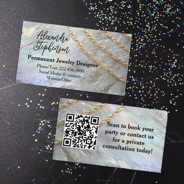 Tarjeta De Visita Permanent Jewelry Designer Consultant (permanent jewelry designer business cards with custom qr code)