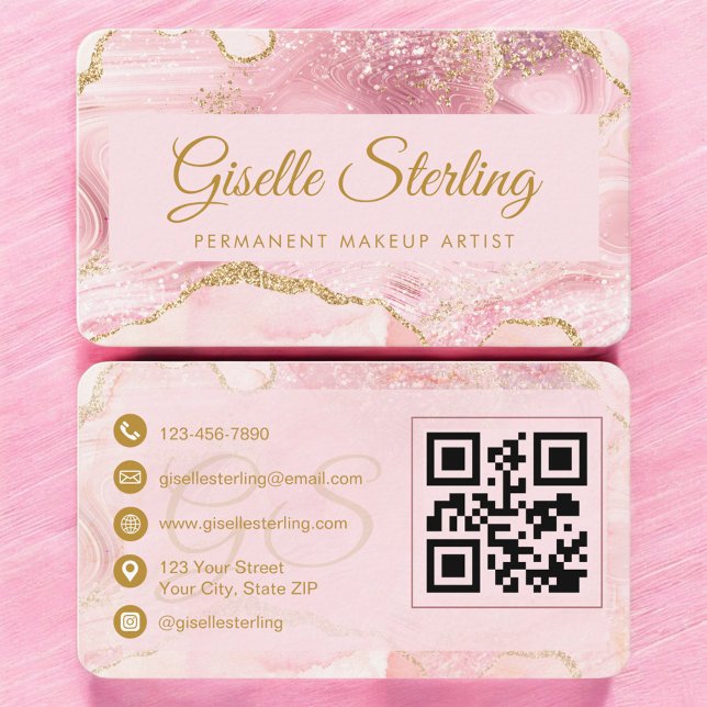 Tarjeta De Visita Permanent Makeup Artist Pink Gold Agate QR Code (Subido por el creador)