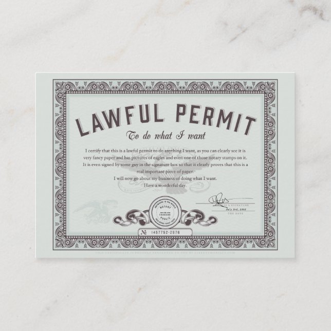 Tarjeta De Visita Permiso legal de hacer lo que usted quiere (Reverso)