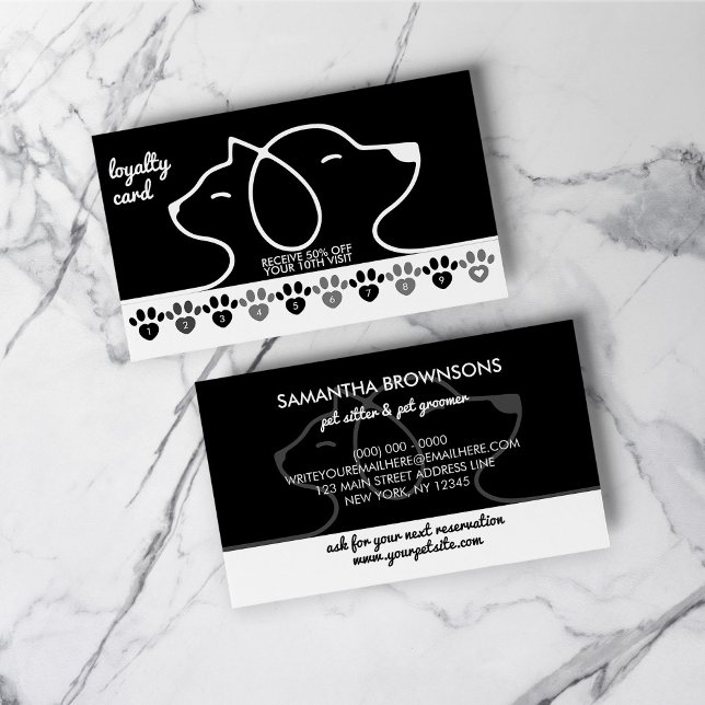 Tarjeta De Visita Perro de gato blanco negro Mascota Paws Descuento  (Black White Cat Dog Pet Paws Discount Loyalty Business Card)
