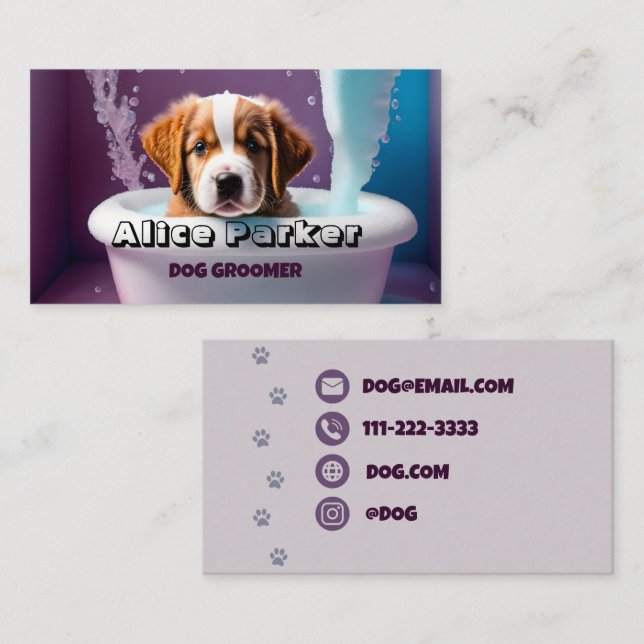 Tarjeta De Visita Perro Groomer, Perro en el baño, (Anverso / Reverso)