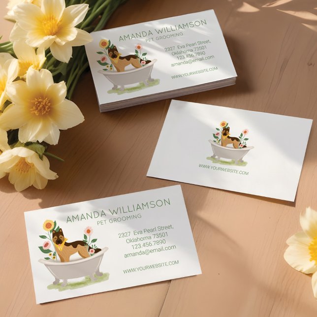 Tarjeta De Visita Perro Grooming Perro De Pasto Alemán En La Bañera (Dog Grooming German Shepard Dog In Bathtub Business Card)