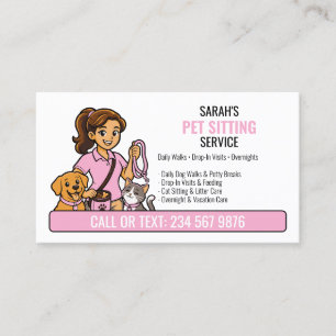 Tarjeta De Visita Perro Rosa Gato Dibujos Animados Niña QR Cuidado d