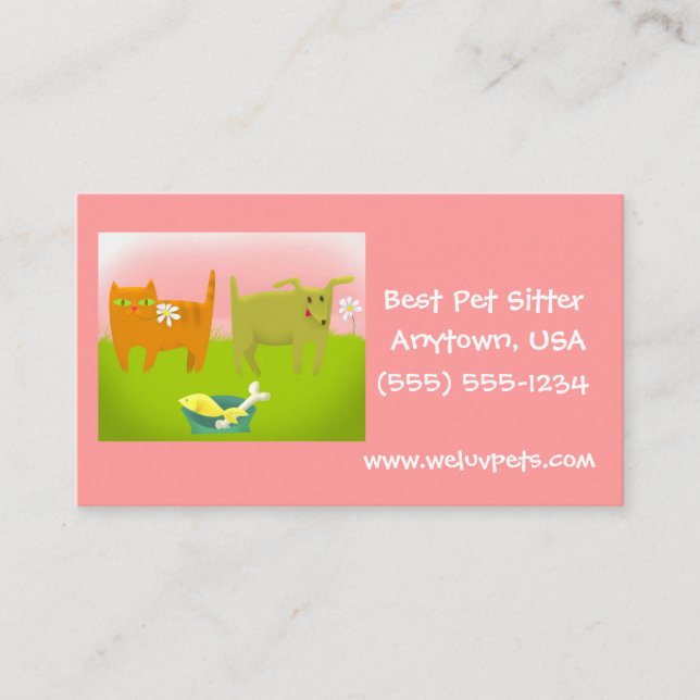 Tarjeta De Visita Perro rosa y verde y Mascota de gato sentados (Anverso)