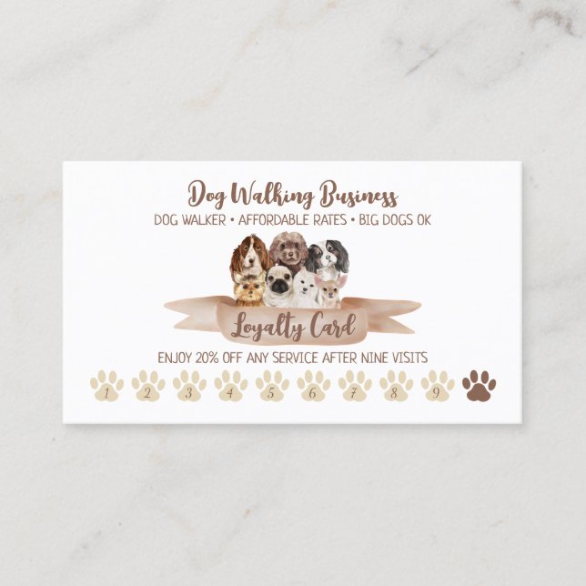 Tarjeta De Visita Perro Walker Loyalty Discount Paw (Anverso)