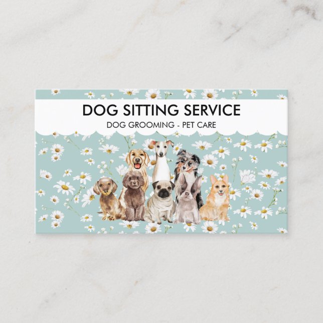 Tarjeta De Visita Perros acuarelas de las flores de margarita verde  (Anverso)