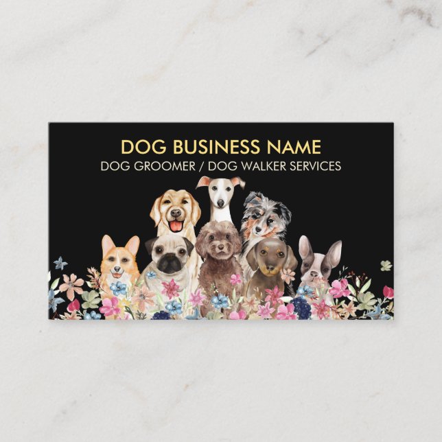 Tarjeta De Visita Perros con Flores de Acuarela (Anverso)