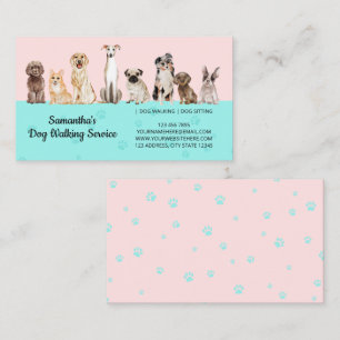 Tarjeta De Visita Perros de Acuarela de Patas Lindas Rosa Verde