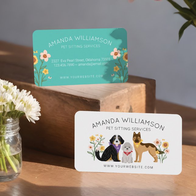 Tarjeta De Visita Perros Florales Adorables Servicios de cuidado de  (Adorable Floral Dogs Pet Care Services White Business Card)