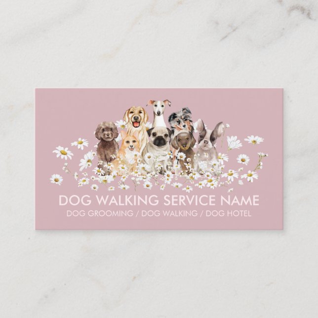 Tarjeta De Visita Perros rosados bonitos en daisies, Mascota de pech (Anverso)