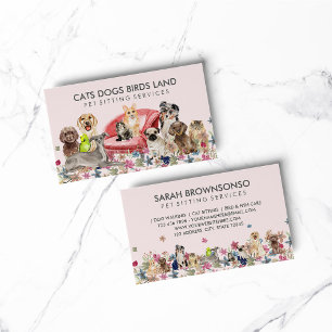 Tarjeta De Visita Perros Rosados Gato Pájaro Hotel Sofá Cuidado de M