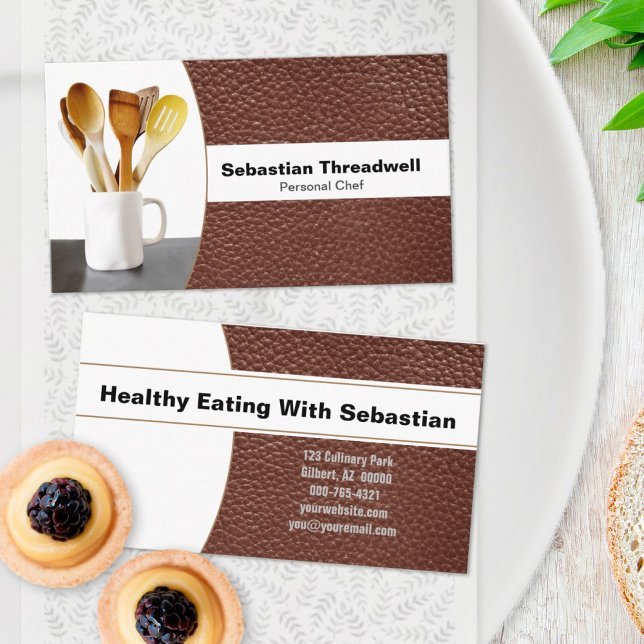 Tarjeta De Visita Personal Chef Spoons Brown Leather Custom Photo (Subido por el creador)