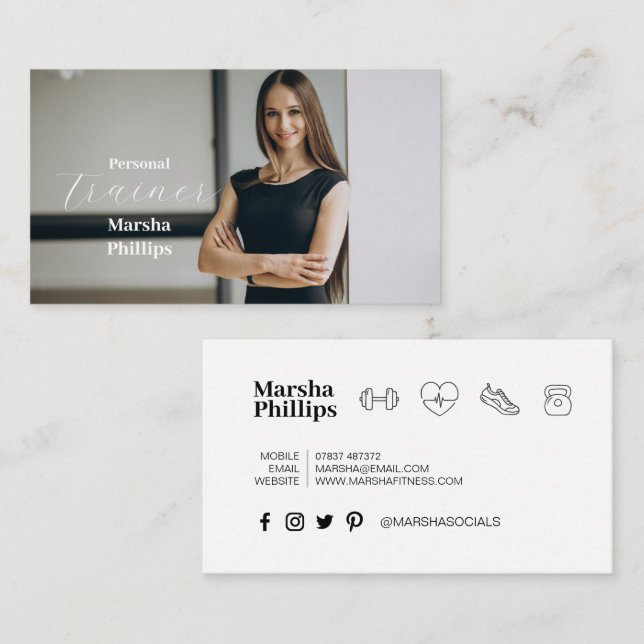 Tarjeta De Visita Personal Fitness Moderno Trainer Foto de moda (Anverso / Reverso)