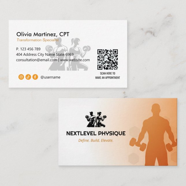 Tarjeta De Visita Personal Trainer Business | Orange White (Anverso / Reverso)