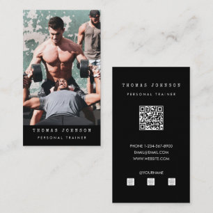 Tarjeta De Visita Personal Trainer Fitness Photo QR Código negro