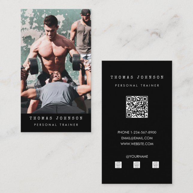 Tarjeta De Visita Personal Trainer Fitness Photo QR Código negro (Anverso / Reverso)
