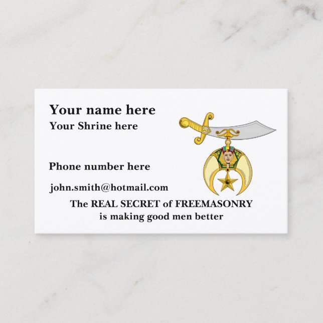 Tarjeta De Visita Personalice el emblema masónico y de Shriners (Anverso)