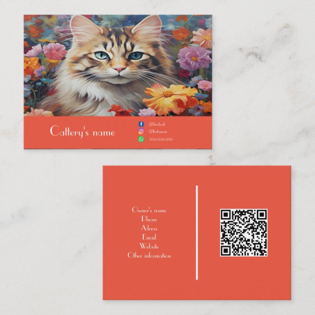 Tarjeta De Visita Personalizable Cattery Business Card Naranja Flora (Anverso / Reverso)