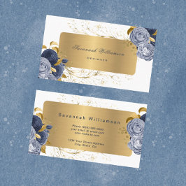 Tarjeta De Visita Personalizable de oro de Rosas azules florales