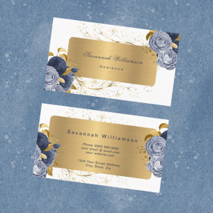 Tarjeta De Visita Personalizable de oro de Rosas azules florales