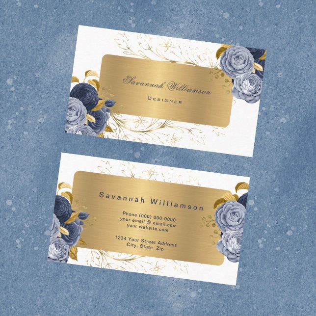 Tarjeta De Visita Personalizable de oro de Rosas azules florales (Subido por el creador)