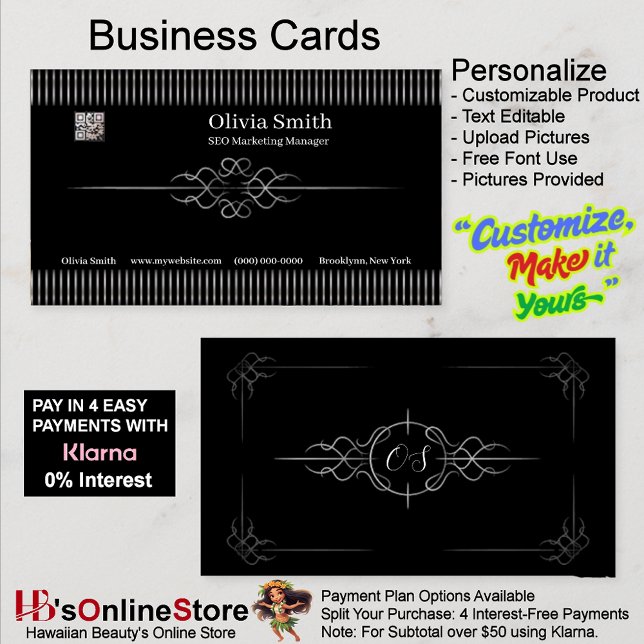 Tarjeta De Visita Personalizable Editable Elegante Negro 2 (Customizable Editable Elegant Black Business Card 2.)