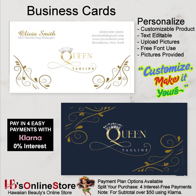 Tarjeta De Visita Personalizable elegante Corona de plantilla 11 (Customizable Elegant Crown Queen Template Business Card 11.)