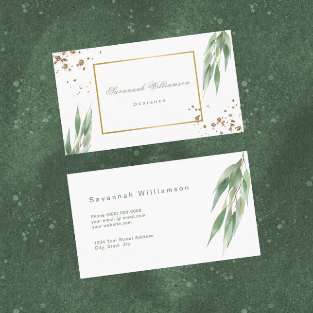 Tarjeta De Visita Personalizable Glam Green Gold Eucalyptus (Subido por el creador)